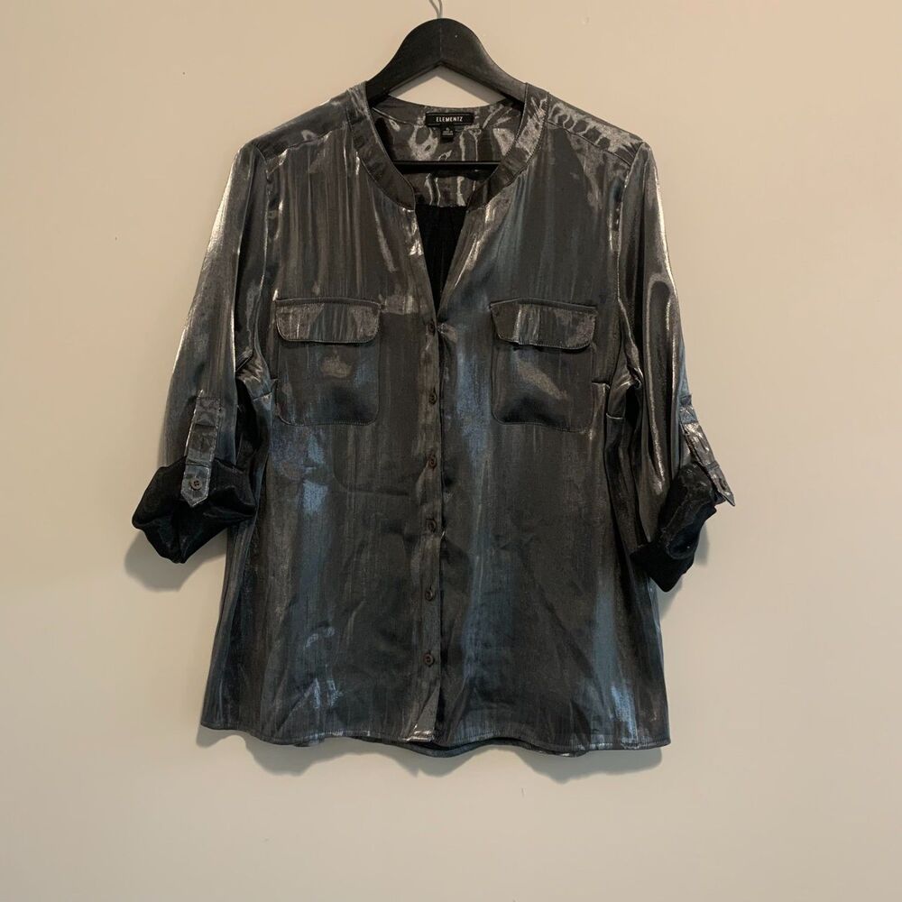 ELEMENTZ Women Textured Metallic‎ Silver Rhinestone Button Up Shirt Top XL